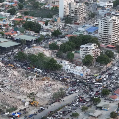 A drone view shows buildings destroyed by earthquakes, in La Guaira, Venezuela, June 26, 2026. Handout via REUTERS ATTENTION EDITORS - THIS IMAGE HAS BEEN SUPPLIED BY A THIRD PARTY NO RESALES. NO ARCHIVES