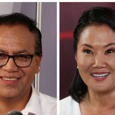 Peru - 05/06/2026 - A combination picture shows Peru's leftist candidate Roberto Sanchez and right-wing presidential candidate Keiko Fujimori speaking during a televised debate ahead of the June 7 runoff presidential vote, in Lima, Peru, May 31, 2026. REUTERS/Alessandro Cinque/Proibida reprodução