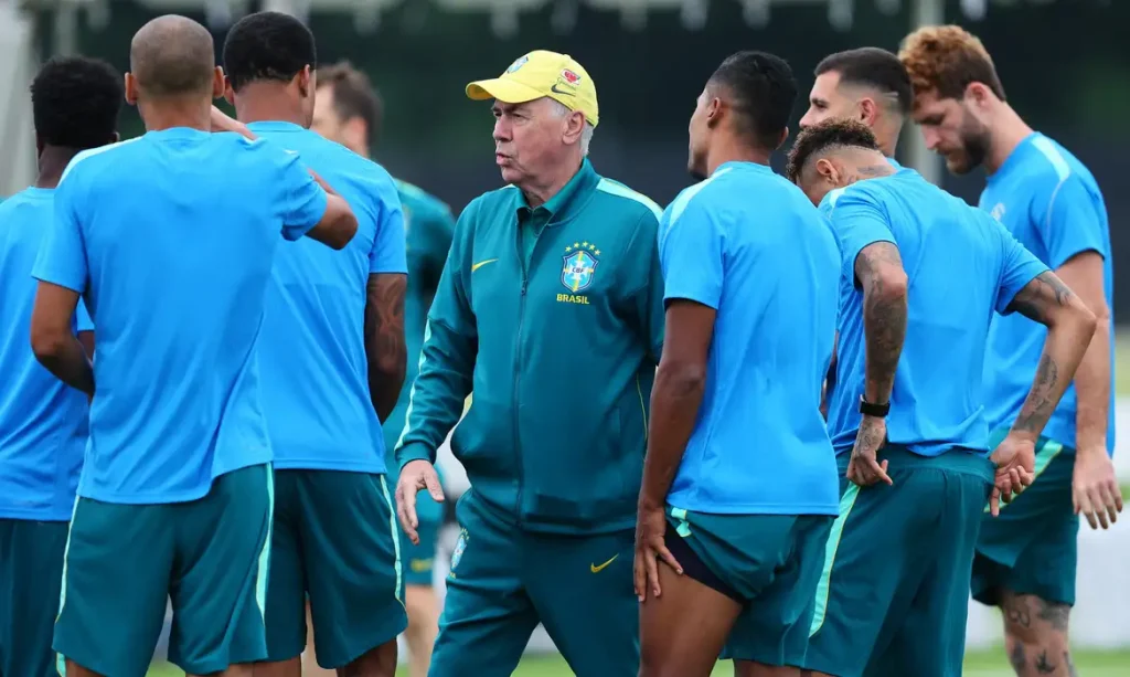 Soccer Football - FIFA World Cup 2026 - Brazil Training - Columbia Park Training Facility, Morristown, New Jersey, U.S. - June 23, 2026  Brazil coach Carlo Ancelotti with his players during training IMAGN IMAGES via Reuters/Vincent Carchietta
