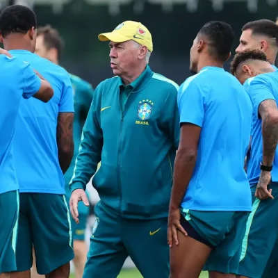 Soccer Football - FIFA World Cup 2026 - Brazil Training - Columbia Park Training Facility, Morristown, New Jersey, U.S. - June 23, 2026  Brazil coach Carlo Ancelotti with his players during training IMAGN IMAGES via Reuters/Vincent Carchietta