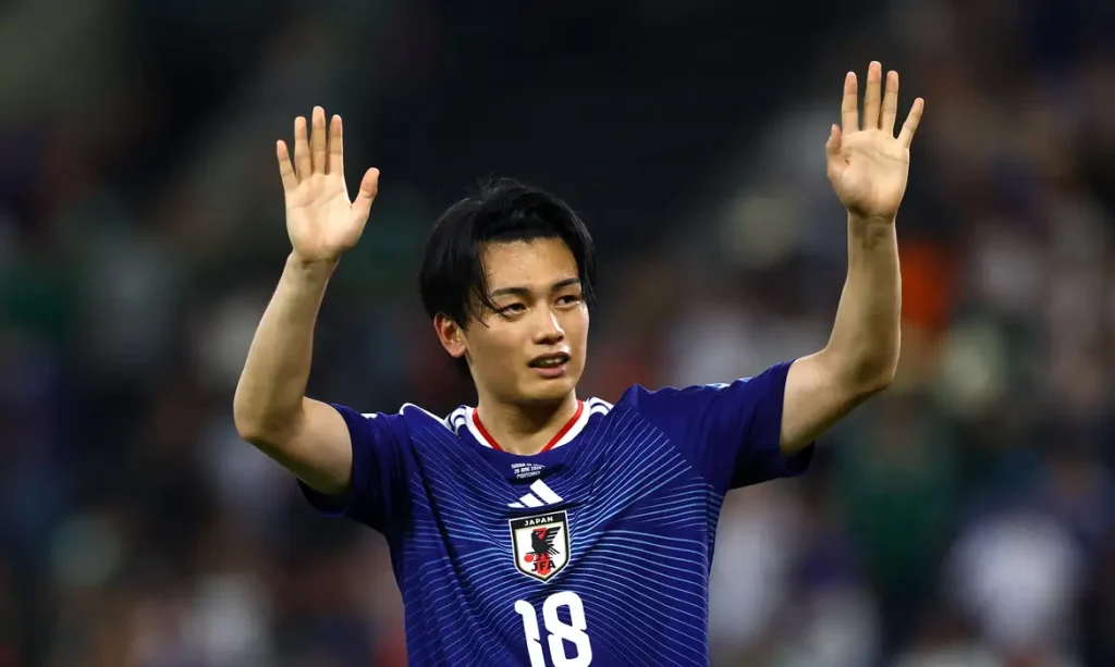 Soccer Football - FIFA World Cup 2026 - Group F - Tunisia v Japan - Estadio Monterrey, Monterrey, Mexico - June 21, 2026
Japan's Ayase Ueda celebrates after the match REUTERS/Daniel Becerril