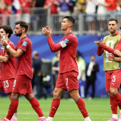 Soccer Football - FIFA World Cup 2026 - Group K - Portugal v Uzbekistan - Houston Stadium, Houston, Texas, U.S. - June 23, 2026 Portugal's Cristiano Ronaldo, Bruno Fernandes, Vitinha, Joao Neves and Diogo Dalot celebrate after the match IMAGN IMAGES via Reuters/Troy Taormina