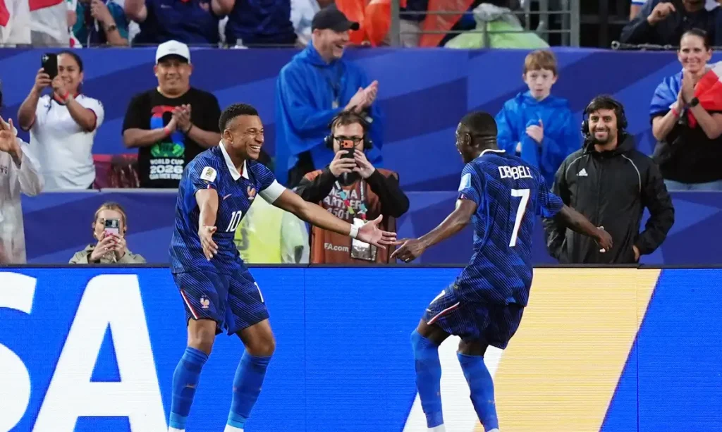 Soccer Football - FIFA World Cup 2026 - Group I - France v Iraq - Philadelphia Stadium, Philadelphia, Pennsylvania, U.S. - June 22, 2026 France's Kylian Mbappe celebrates scoring their second goal with Ousmane Dembele IMAGN IMAGES via Reuters/Kyle Ross