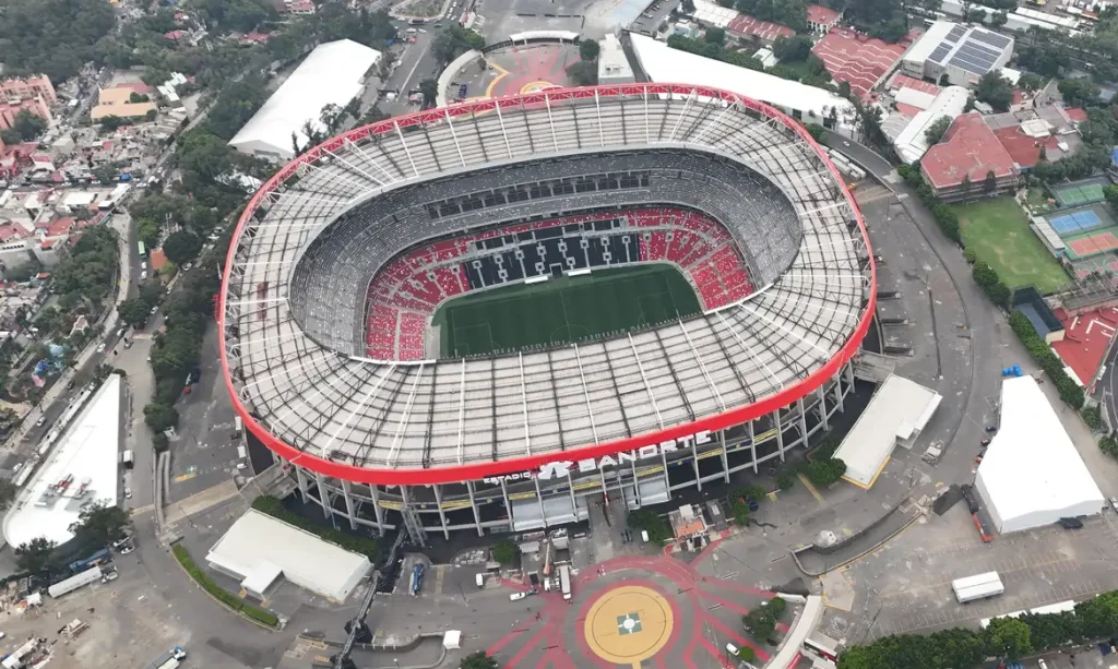 FILE PHOTO: A drone view shows Banorte Stadium, also known as Azteca Stadium, as renovation work continues ahead of the World Cup, which begins on June 11, in Mexico City, Mexico, May 11, 2026. REUTERS/Henry Romero/File Photo