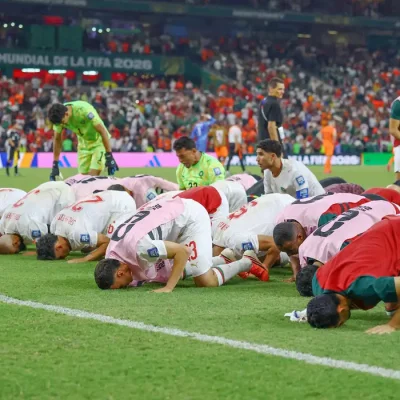 Soccer Football - FIFA World Cup 2026 - Round of 32 - Netherlands v Morocco - Estadio Monterrey, Monterrey, Mexico - June 29, 2026
Morocco players celebrate after the penalty shootout as Morocco qualify for the round of 16 stage of the World Cup REUTERS/Daniel Becerril     TPX IMAGES OF THE DAY