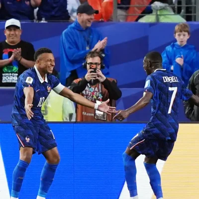 Soccer Football - FIFA World Cup 2026 - Group I - France v Iraq - Philadelphia Stadium, Philadelphia, Pennsylvania, U.S. - June 22, 2026 France's Kylian Mbappe celebrates scoring their second goal with Ousmane Dembele IMAGN IMAGES via Reuters/Kyle Ross