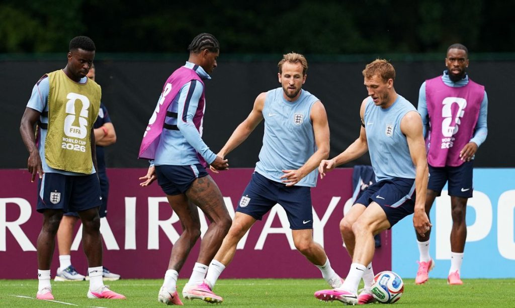 Soccer Football - FIFA World Cup 2026 - England Training - Swope Soccer Village, Kansas City, Missouri, U.S. - June 26, 2026
England's Marcus Rashford, Dan Burn and Harry Kane during training IMAGN IMAGES via Reuters/Denny Medley