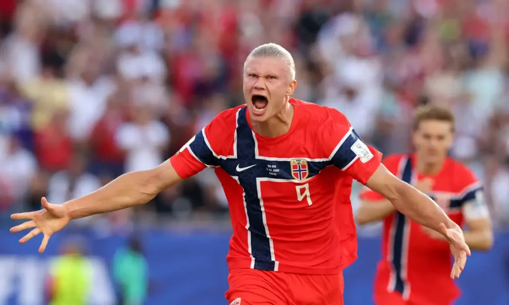 Erling Haaland, da Noruega, comemora ao marcar o primeiro gol
16 de junho de 2026 IMAGN IMAGES via Reuters/Paul Rutherford