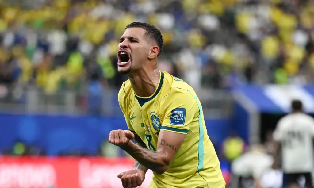 Soccer Football - FIFA World Cup 2026 - Round of 32 - Brazil v Japan - Houston Stadium, Houston, Texas, U.S. - June 29, 2026 Brazil's Bruno Guimaraes celebrates after Gabriel Martinelli scores their second goal REUTERS/Annegret Hilse     TPX IMAGES OF THE DAY