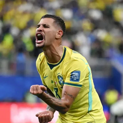 Soccer Football - FIFA World Cup 2026 - Round of 32 - Brazil v Japan - Houston Stadium, Houston, Texas, U.S. - June 29, 2026 Brazil's Bruno Guimaraes celebrates after Gabriel Martinelli scores their second goal REUTERS/Annegret Hilse     TPX IMAGES OF THE DAY