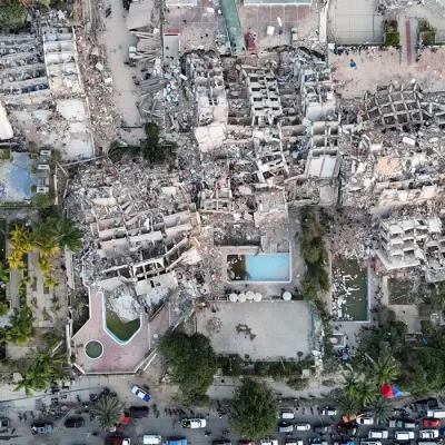 A drone view shows buildings destroyed by earthquakes, in La Guaira, Venezuela, June 26, 2026. Handout via REUTERS ATTENTION EDITORS - THIS IMAGE HAS BEEN SUPPLIED BY A THIRD PARTY NO RESALES. NO ARCHIVES     TPX IMAGES OF THE DAY