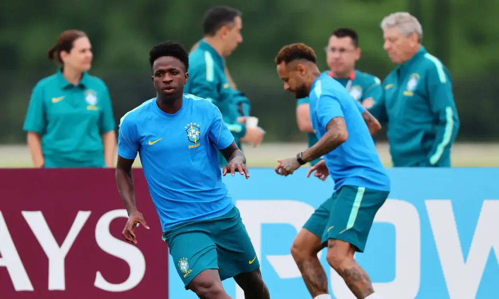 Soccer Football - FIFA World Cup 2026 - Brazil Training - Columbia Park Training Facility, Morristown, New Jersey, U.S. - June 23, 2026 Brazil's Vinicius Junior and Neymar Jr. during training IMAGN IMAGES via Reuters/Vincent Carchietta