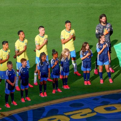Soccer Football - FIFA World Cup 2026 - Group C - Brazil v Morocco - New York/New Jersey Stadium, East Rutherford, New Jersey, U.S. - June 13, 2026
Brazil players line up during the national anthem before the match REUTERS/Mike Segar