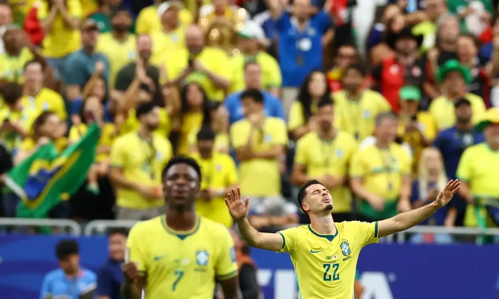 Soccer Football - FIFA World Cup 2026 - Round of 32 - Brazil v Japan - Houston Stadium, Houston, Texas, U.S. - June 29, 2026 Brazil's Gabriel Martinelli celebrates scoring their second goal REUTERS/Phil Noble