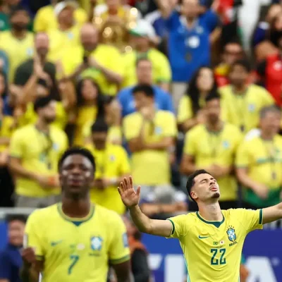 Soccer Football - FIFA World Cup 2026 - Round of 32 - Brazil v Japan - Houston Stadium, Houston, Texas, U.S. - June 29, 2026 Brazil's Gabriel Martinelli celebrates scoring their second goal REUTERS/Phil Noble