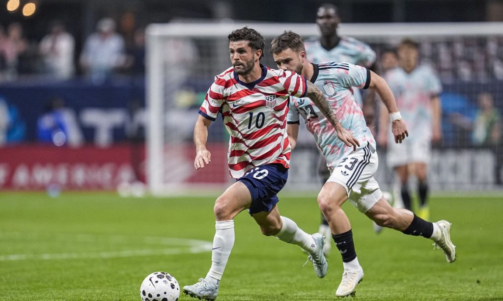 Mar 28, 2026; Atlanta, Georgia, USA; USA’s Christian Pulisic (10) controls the ball against Belgium at Mercedes-Benz Stadium. Mandatory Credit: Dale Zanine-Imagn Images