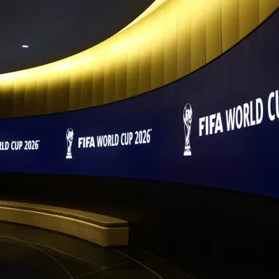Jun 16, 2022; New York, New York, USA; A general view of a hallway showing the FIFA World Cup 2026 logo leading to the FIFA World Cup Announcement room. Mandatory Credit: Jessica Alcheh-USA TODAY Sports
