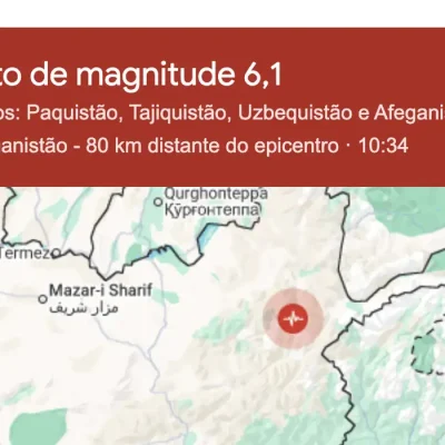 27/06/2026 - Forte terremoto atinge Hindu Kush, sacudindo Afeganistão e Paquistão. Foto: Google/Reprodução