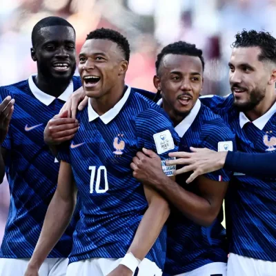 Soccer Football - FIFA World Cup 2026 - Group I - France v Senegal - New York/New Jersey Stadium, East Rutherford, New Jersey, U.S. - June 16, 2026 France's Kylian Mbappe celebrates scoring their third goal with Dayot Upamecano, Jules Kounde and Rayan Cherki REUTERS/Dylan Martinez TPX IMAGES OF THE DAY