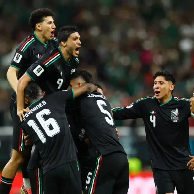 Soccer Football - FIFA World Cup 2026 - Group A - Mexico v South Korea - Estadio Guadalajara, Guadalajara, Mexico - June 18, 2026 Mexico's Luis Romo celebrates scoring their first goal with Jorge Sanchez, Raul Jimenez, Julian Quinones, Johan Vasquez, Edson Alvarez and Jesus Gallardo REUTERS/Daniel Becerril