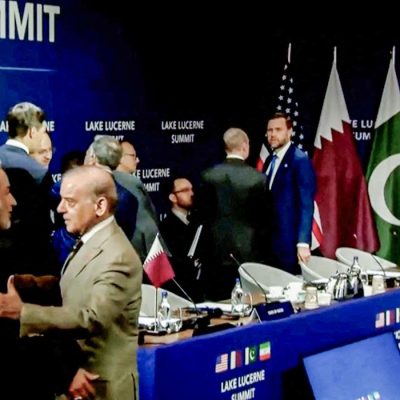 Pakistan's Prime Minister Shehbaz Sharif welcomes Iran's Foreign Minister Abbas Araqchi, as U.S. Vice President JD Vance and U.S. President Donald Trump's son-in-law Jared Kushner stand in the background, before the start of a quadrilateral meeting between the U.S., Iran, Pakistan, and Qatar at the Lake Lucerne Summit, aimed at advancing a deal to end the Middle East conflict, at Buergenstock Resort Lake Lucerne, near Stansstad, Switzerland, June 21, 2026, in this screenshot obtained from a video.US NETWORK POOL via REUTERSUNITED STATES OUT. NO COMMERCIAL OR EDITORIAL SALES IN UNITED STATES