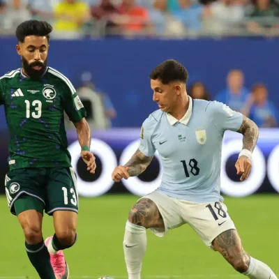 Soccer Football - FIFA World Cup 2026 - Group H - Saudi Arabia v Uruguay - Miami Stadium, Miami Gardens, Florida, U.S. - June 15, 2026 Uruguay's Brian Rodriguez in action with Saudi Arabia's Nawaf Bu Washl IMAGN IMAGES via Reuters/Sam Navarro