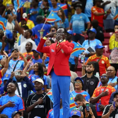 Soccer Football - FIFA World Cup 2026 - Group K - Colombia v DR Congo - Estadio Guadalajara, Guadalajara, Mexico - June 23, 2026 DR Congo fan Michel Nkuka Mboladinga, also known as Lumumba Vea in the stands before the match REUTERS/Eloisa Sanchez