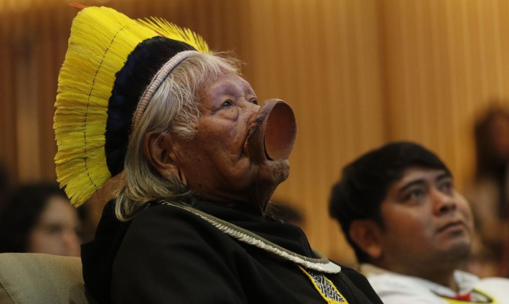 Rio de Janeiro (RJ) 06/06/2024 – O cacique Raoni Metuktire, líder indígena da etnia caiapó, participa da Semana do Meio Ambiente, no Museu do Amanhã. Foto: Fernando Frazão/Agência Brasil