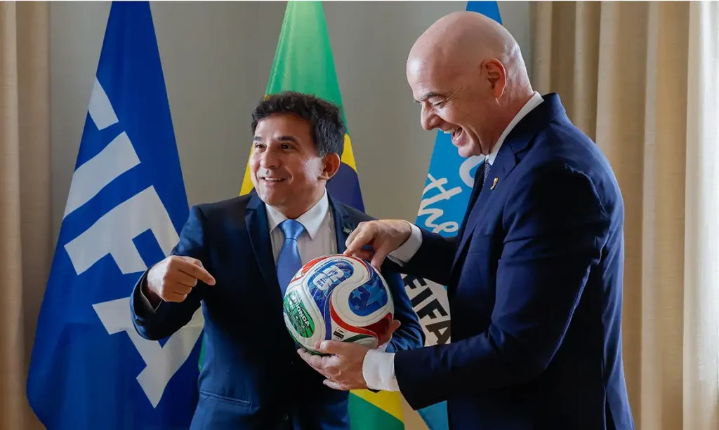 MIAMI, FLORIDA - JUNE 5: FIFA President Gianni Infantino meets with Brazil sports minister Paulo Henrique Cordeirto on June 5, 2026 in Miami, Florida.  (Photo by Eva Marie Uzcategui - FIFA/FIFA via Getty Images)