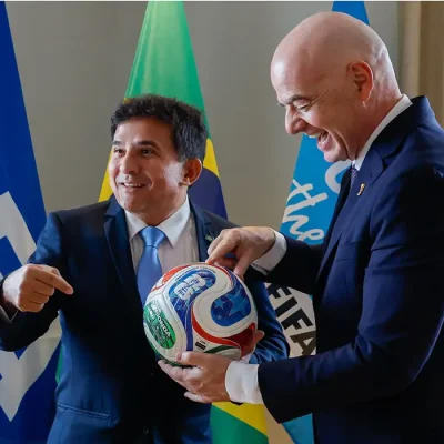 MIAMI, FLORIDA - JUNE 5: FIFA President Gianni Infantino meets with Brazil sports minister Paulo Henrique Cordeirto on June 5, 2026 in Miami, Florida.  (Photo by Eva Marie Uzcategui - FIFA/FIFA via Getty Images)