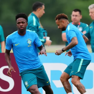 Soccer Football - FIFA World Cup 2026 - Brazil Training - Columbia Park Training Facility, Morristown, New Jersey, U.S. - June 23, 2026 Brazil's Vinicius Junior and Neymar Jr. during training IMAGN IMAGES via Reuters/Vincent Carchietta