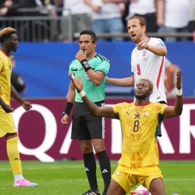 Soccer Football - FIFA World Cup 2026 - Group L - England v Ghana - Boston Stadium, Foxborough, Massachusetts, U.S. - June 23, 2026 Ghana's Kwasi Sibo celebrates as England's Harry Kane talks to referee Said Martinez after the match IMAGN IMAGES via Reuters/David Butler Ii