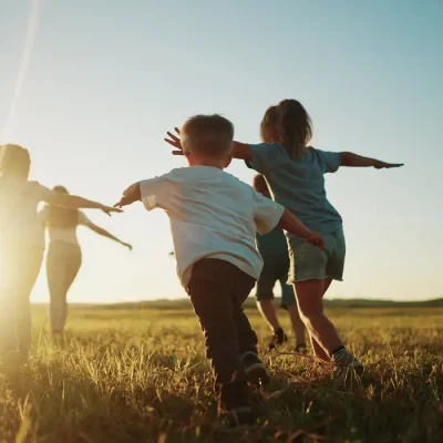 Crianças correndo no por do sol, Crianças Brincando. Foto: maxximmm/ Adobe Stock