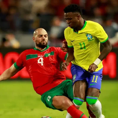 FILE PHOTO: Soccer Football - International Friendly - Morocco v Brazil - Grand Stade de Tanger, Tangier, Morocco - March 25, 2023 Morocco's Sofyan Amrabat fouls Brazil's Vinicius Junior REUTERS/Juan Medina/File Photo