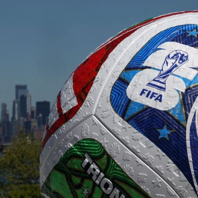 FILE PHOTO: A blow up soccer ball of the Trionda, the official match ball of the FIFA World Cup 2026, stands during a press conference announcing an official fan zone for the area in New York City, U.S., April 27, 2026. REUTERS/Shannon Stapleton/File Photo