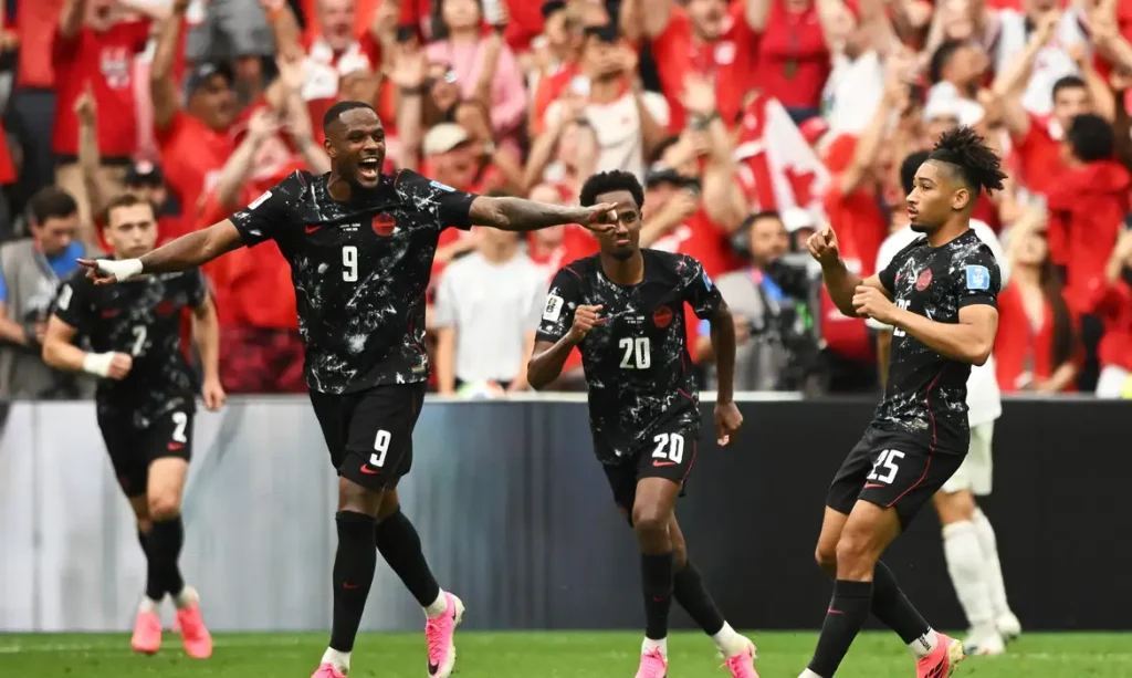 Soccer Football - FIFA World Cup 2026 - Group B - Canada v Qatar - BC Place, Vancouver, Canada - June 18, 2026 Canada's Nathan Saliba celebrates scoring their fourth goal with Cyle Larin and Ali Ahmed IMAGN IMAGES via Reuters/Anne-Marie Sorvin