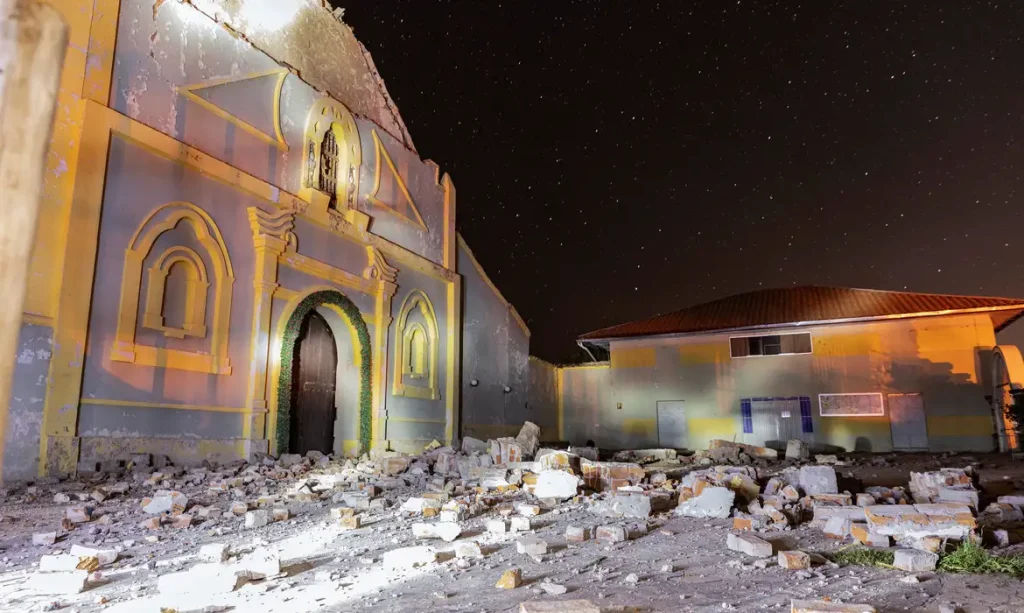 The debris of a local church following the earthquake of magnitude 5.6 that struck Central Peru on Saturday, in Chongos Bajo, Peru, July 19, 2026. REUTERS/Yershon Vilca