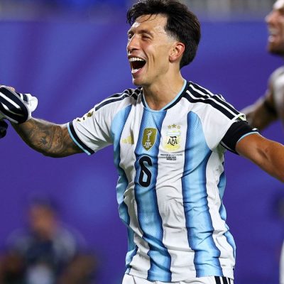 Soccer Football - FIFA World Cup 2026 - Quarter Final - Argentina v Switzerland - Kansas City Stadium, Kansas City, Missouri, U.S. - July 11, 2026 Argentina's Lisandro Martinez celebrates after the match as Argentina qualify for the semi finals of the World Cup REUTERS/Agustin Marcarian