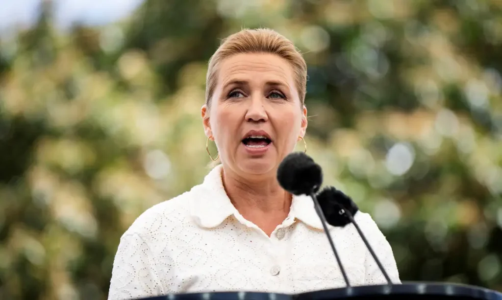 Denmark's Prime Minister Mette Frederiksen speaks at the