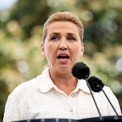Denmark's Prime Minister Mette Frederiksen speaks at the