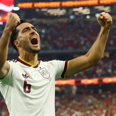 Soccer Football - FIFA World Cup 2026 - Round of 16 - Portugal v Spain - Dallas Stadium, Arlington, Texas, U.S. - July 6, 2026 Spain's Mikel Merino celebrates scoring their first goal REUTERS/Kai Pfaffenbach
