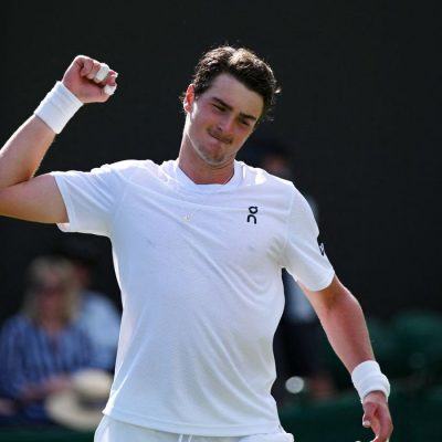 Tennis - Wimbledon - All England Lawn Tennis and Croquet Club, London, Britain - July 1, 2026 Brazil's Joao Fonseca celebrates winning his second round match against Netherlands' Jesper De Jong REUTERS/Jaimi Joy