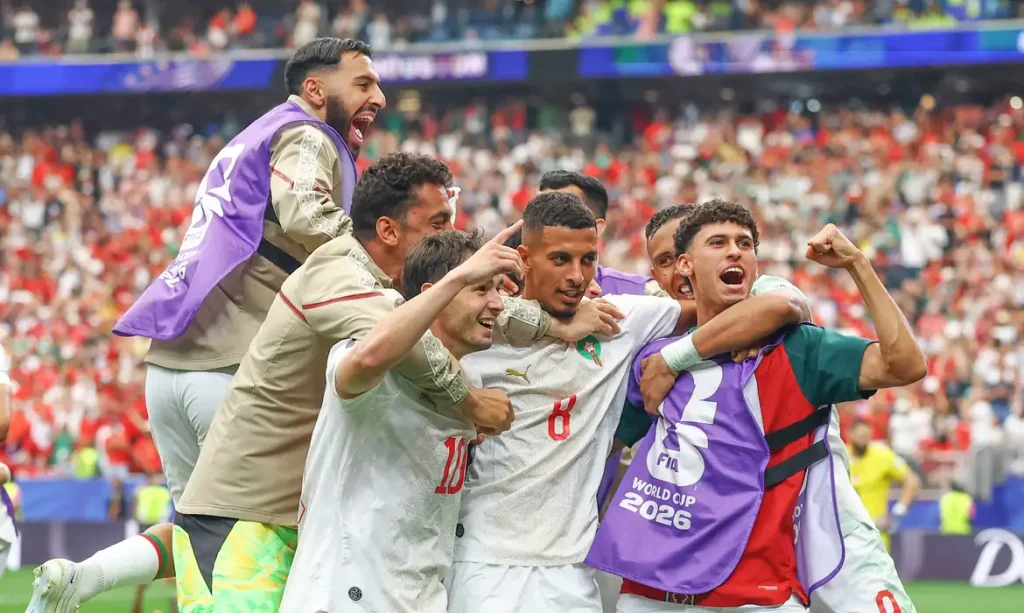 Soccer Football - FIFA World Cup 2026 - Round of 16 - Canada v Morocco - Houston Stadium, Houston, Texas, U.S. - July 4, 2026
Morocco's Azzedine Ounahi celebrates scoring their second goal with teammates REUTERS/Hannah Mckay