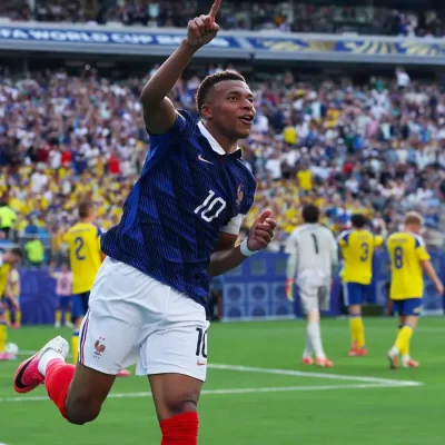 Soccer Football - FIFA World Cup 2026 - Round of 32 - France v Sweden - New York New Jersey Stadium, East Rutherford, New Jersey, U.S. - June 30, 2026 France's Kylian Mbappe celebrates scoring their third goal IMAGN IMAGES via Reuters/Vincent Carchietta