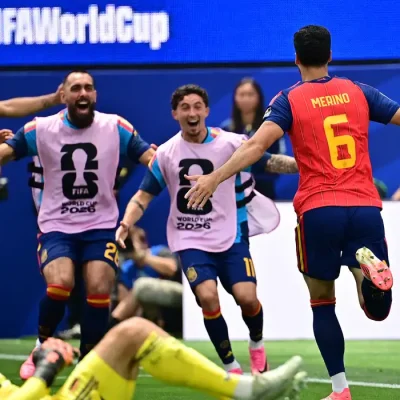 Soccer Football - FIFA World Cup 2026 - Quarter Final - Spain v Belgium - Los Angeles Stadium, Inglewood, California, U.S. - July 10, 2026 Spain's Mikel Merino celebrates scoring their second goal as Belgium's Senne Lammens looks dejected IMAGN IMAGES via Reuters/Gary Vasquez