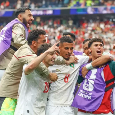 Soccer Football - FIFA World Cup 2026 - Round of 16 - Canada v Morocco - Houston Stadium, Houston, Texas, U.S. - July 4, 2026
Morocco's Azzedine Ounahi celebrates scoring their second goal with teammates REUTERS/Hannah Mckay