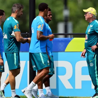 Soccer Football - FIFA World Cup 2026 - Brazil Training - Columbia Park Training Facility, Morristown, New Jersey, U.S. - June 30, 2026 Brazil coach Carlo Ancelotti, Vinicius Junior and teammates during training IMAGN IMAGES via Reuters/Caean Couto
