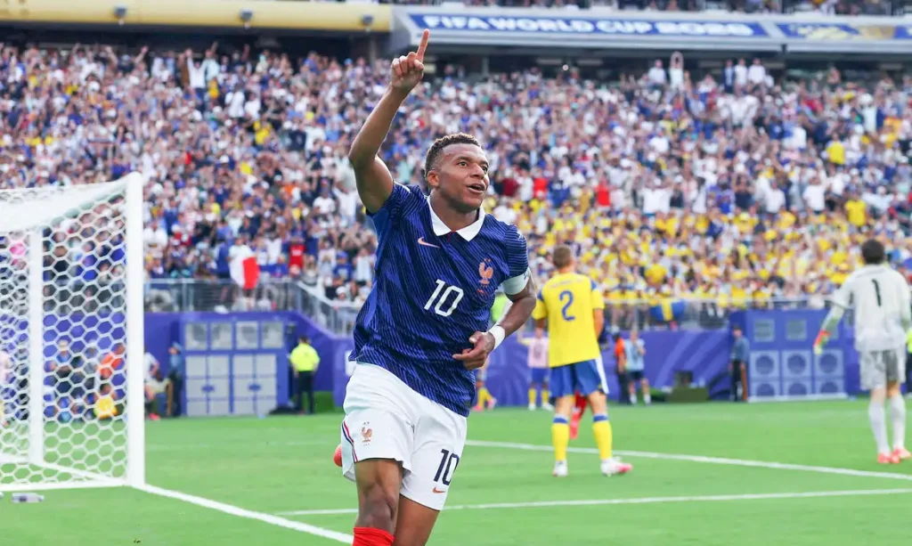 Soccer Football - FIFA World Cup 2026 - Round of 32 - France v Sweden - New York New Jersey Stadium, East Rutherford, New Jersey, U.S. - June 30, 2026
France's Kylian Mbappe celebrates scoring their third goal IMAGN IMAGES via Reuters/Vincent Carchietta