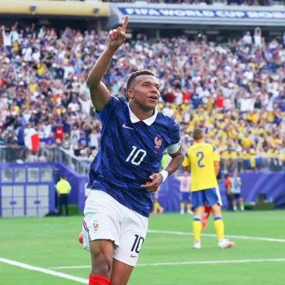 Soccer Football - FIFA World Cup 2026 - Round of 32 - France v Sweden - New York New Jersey Stadium, East Rutherford, New Jersey, U.S. - June 30, 2026
France's Kylian Mbappe celebrates scoring their third goal IMAGN IMAGES via Reuters/Vincent Carchietta