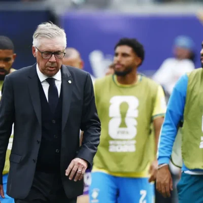 Soccer Football - FIFA World Cup 2026 - Round of 16 - Brazil v Norway - New York New Jersey Stadium, East Rutherford, New Jersey, U.S. - July 5, 2026 Brazil coach Carlo Ancelotti at half time REUTERS/Jeenah Moon